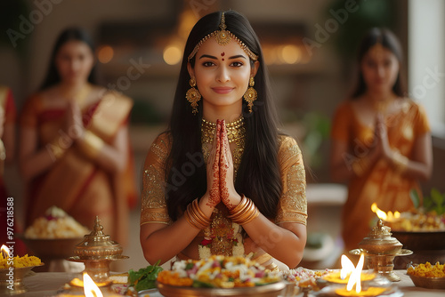 An Indian woman engaged in the preparation of food offerings for Pitru Paksha ritual photo