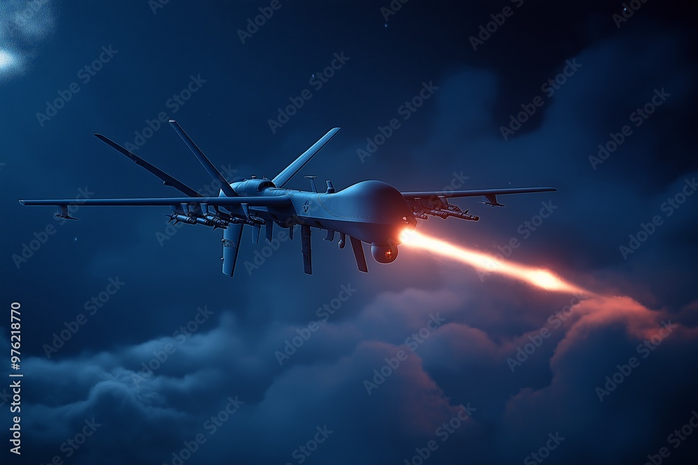 Naklejka premium Drone in night sky, firing missile, dark clouds, aerial view, military technology, futuristic warfare concept