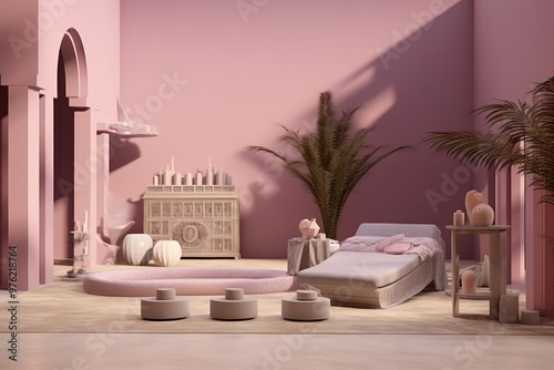 a pink room with a large bed and a table photo