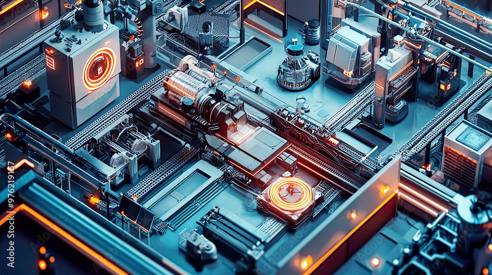 Overhead shot of a smart factory featuring high-tech machinery and robotics, capturing the essence of Industry 4.0 with a focus on advanced automation, engineering, and technological progress Overhead shot of a smart factory featuring high-tech machinery and robotics, capturing the essence of Industry 4.0 with a focus on advanced automation, engineering, and technological progress