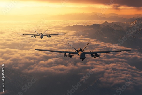 Military drones flying over clouds, high altitude aircraft, sunset sky, armed UAVs, mountainous landscape, air reconnaissance, security concept