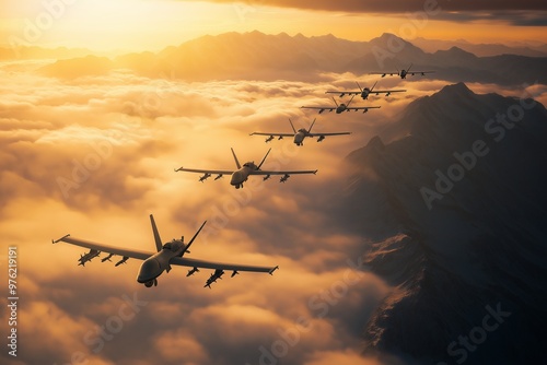 Formation of military drones flying over mountains during sunset, aerial unmanned aircraft in flight under dramatic sky, strategic concept