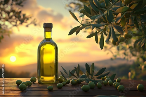 Olive oil bottle on wooden table with olive branches at sunset in the background, Mediterranean concept, mockup photo