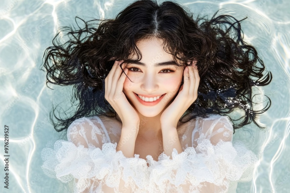 Smiling woman relaxing in pool with white lace dress Smiling woman relaxing in pool with white lace dress