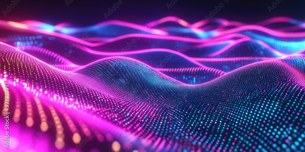 Futuristic neon wave patterns with glowing dots in abstract digital landscape Futuristic neon wave patterns with glowing dots in abstract digital landscape