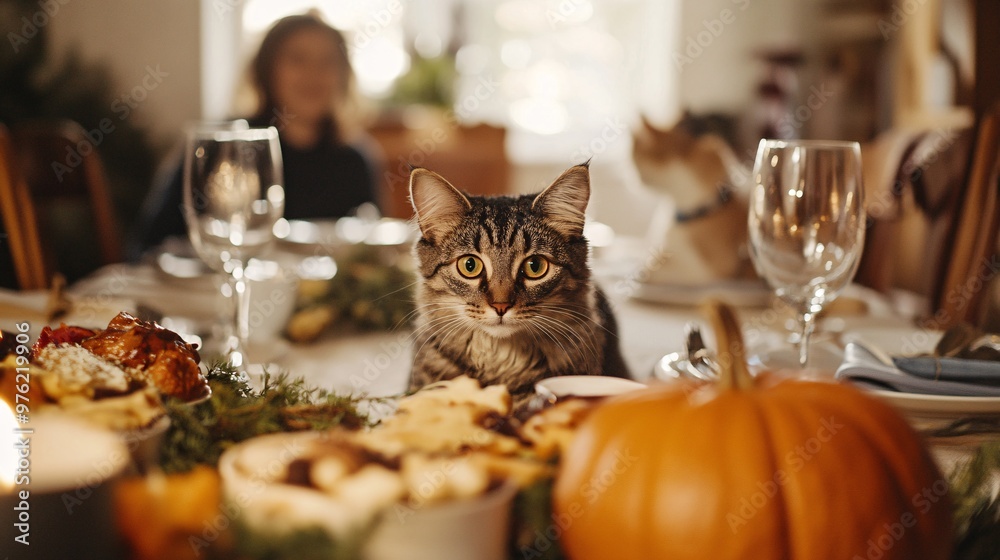 Beloved Family Pet Waiting by Thanksgiving Table for Feast with Loved Ones Beloved Family Pet Waiting by Thanksgiving Table for Feast with Loved Ones