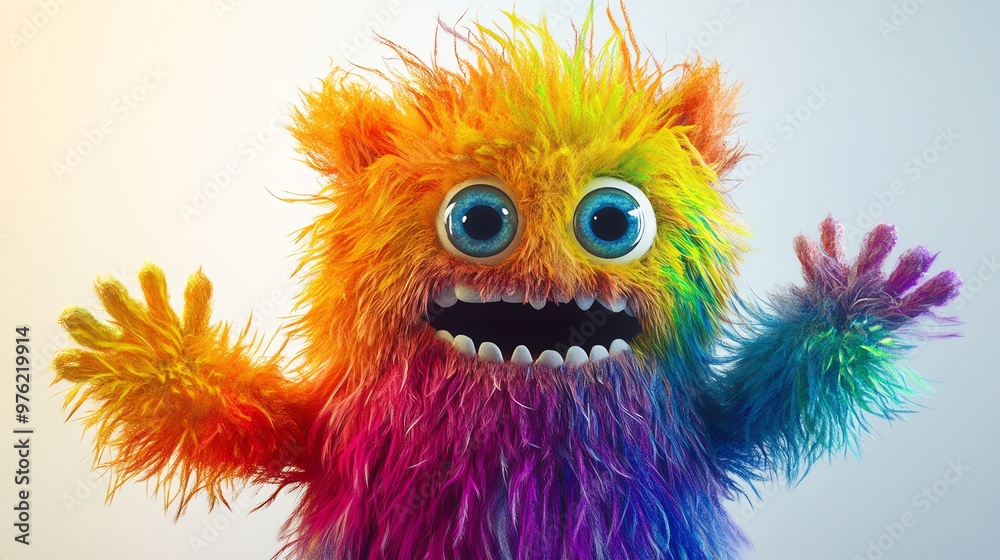 A happy, rainbow-colored monster with big blue eyes. A happy, rainbow-colored monster with big blue eyes.