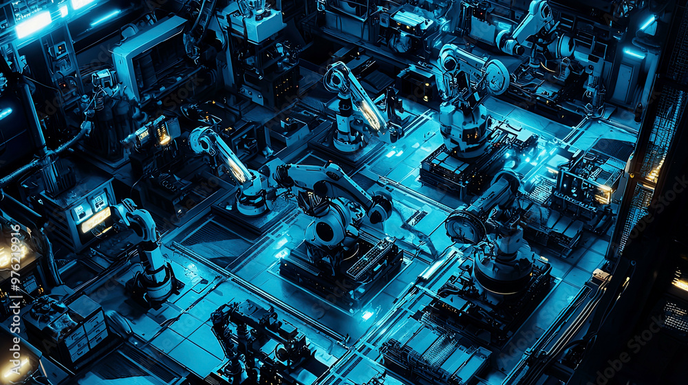 Overhead view of a high-tech robotics production floor, robots assembling machines, glowing blue accents, ultra-realistic Overhead view of a high-tech robotics production floor, robots assembling machines, glowing blue accents, ultra-realistic