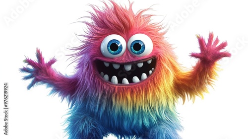 A colorful, friendly monster with big blue eyes and a wide smile waves hello.