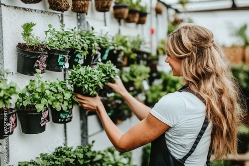 Woman in greenhouse organizing potted plants on vertical garden wall