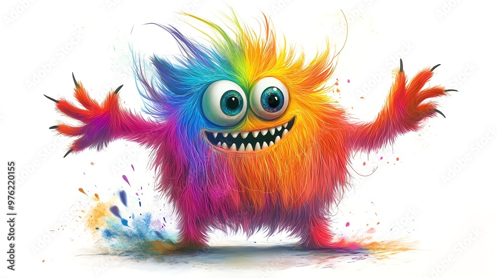 Fototapeta premium A colorful, fluffy monster with big eyes smiles playfully.