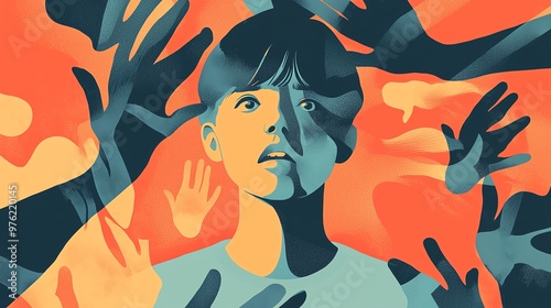 An illustration of a worried child surrounded by abstract hands, depicting feelings of anxiety and fear in a colorful background.