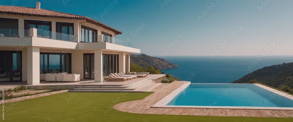 Fototapeta premium A beautiful white house with a refreshing pool in front