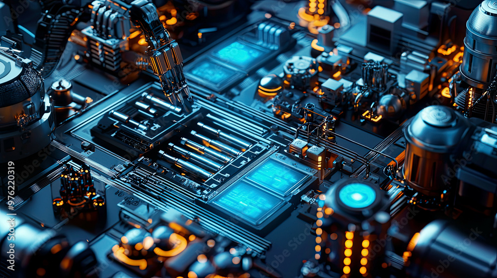 Overhead view of robotic arms assembling complex machinery, glowing blue control panels, ultra-realistic chrome details Overhead view of robotic arms assembling complex machinery, glowing blue control panels, ultra-realistic chrome details