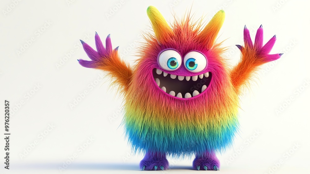 Naklejka premium A rainbow furry monster with big eyes and a wide smile.