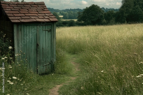 Rustic wooden shed on path surrounded by lush green fields and trees