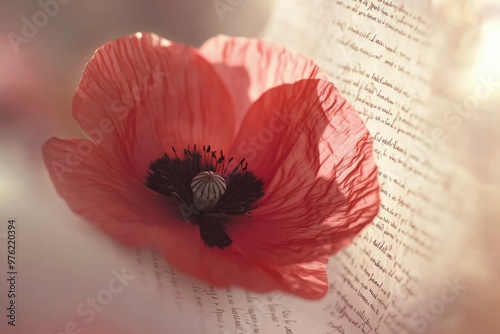 Delicate red poppy flower against a vintage letter background photo