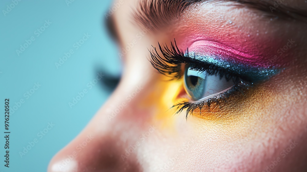 Fototapeta premium Close-up of a woman's eye adorned with vibrant makeup in shades of pink, blue, and yellow, showcasing artistic beauty and color.