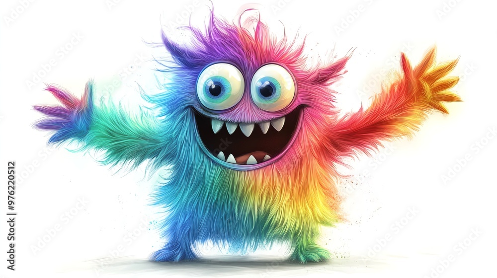 Obraz premium Smiling rainbow monster with big eyes and teeth, isolated on white.