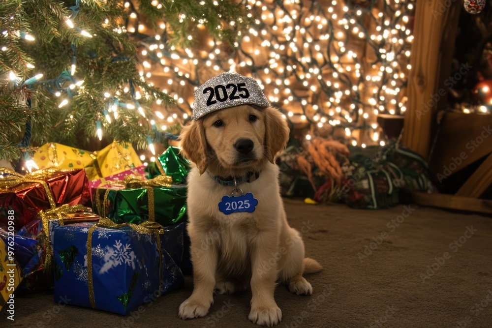 Φωτογραφία Adorable golden retriever puppy celebrating new year 2025 under festive christma