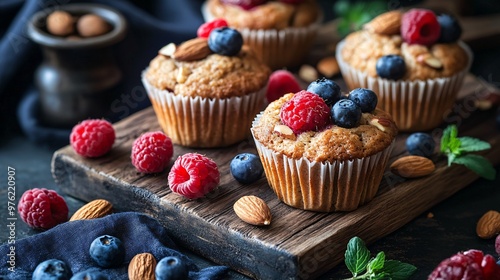 Delicious muffins topped with fresh blueberries and raspberries, almonds, and a sprig of mint on a wooden cutting board.