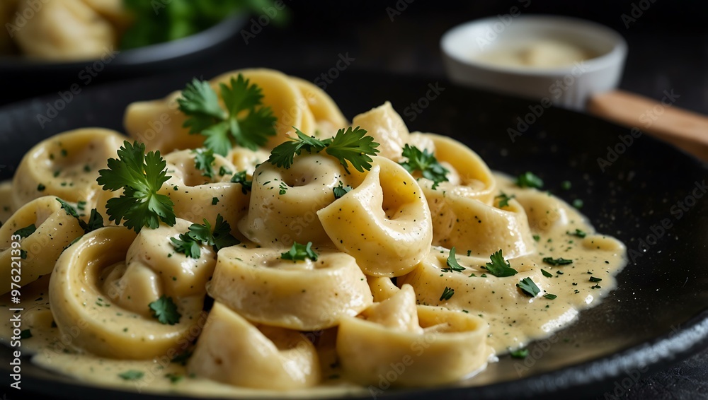 Tortellini in creamy Alfredo sauce with parsley on a dark plate. Tortellini in creamy Alfredo sauce with parsley on a dark plate.