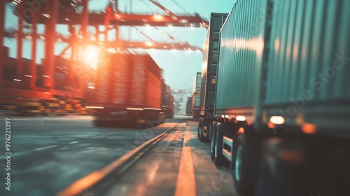 Dynamic view of trucks transporting goods in a busy shipping port at sunset, showcasing logistics and industry.