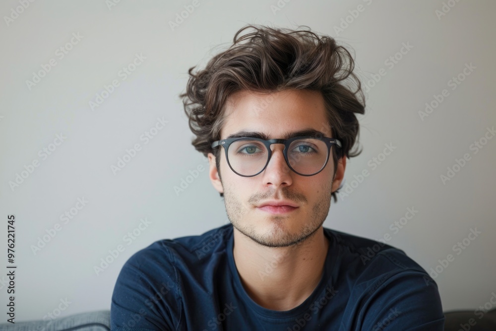 A person wearing glasses sits on a couch, suitable for use in editorial content, such as lifestyle or educational images A person wearing glasses sits on a couch, suitable for use in editorial content, such as lifestyle or educational images