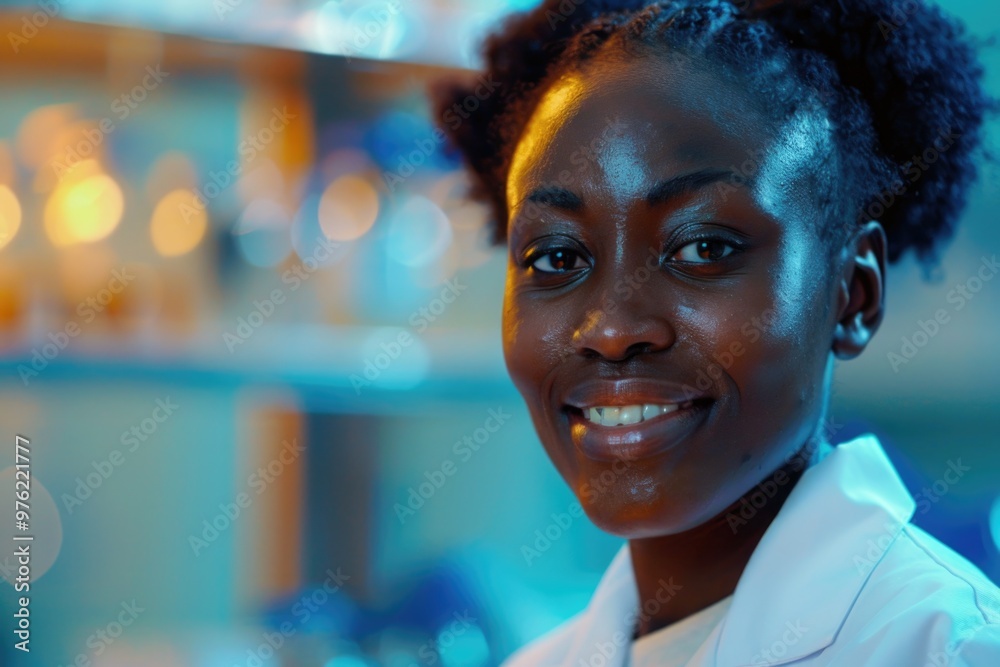 A smiling woman wearing a lab coat looks directly at the camera, conveying confidence and professionalism A smiling woman wearing a lab coat looks directly at the camera, conveying confidence and professionalism