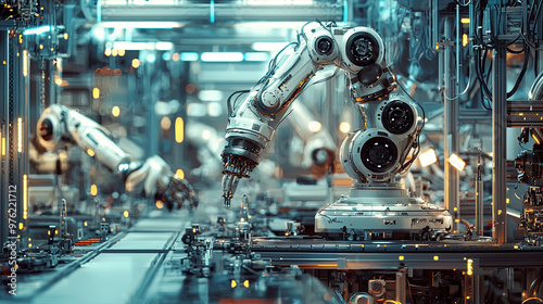 Photorealistic shot of robots in a high-tech lab, intricate mechanical details, crisp lighting