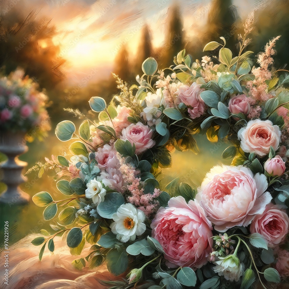 Beautiful floral wreath with peonies and greenery, romantic mood, sunset garden background Beautiful floral wreath with peonies and greenery, romantic mood, sunset garden background