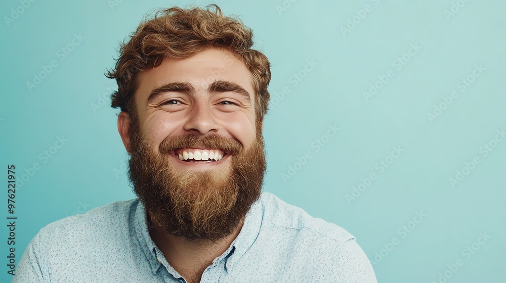 Obraz premium A man with a beard and curly hair smiles broadly at the camera.