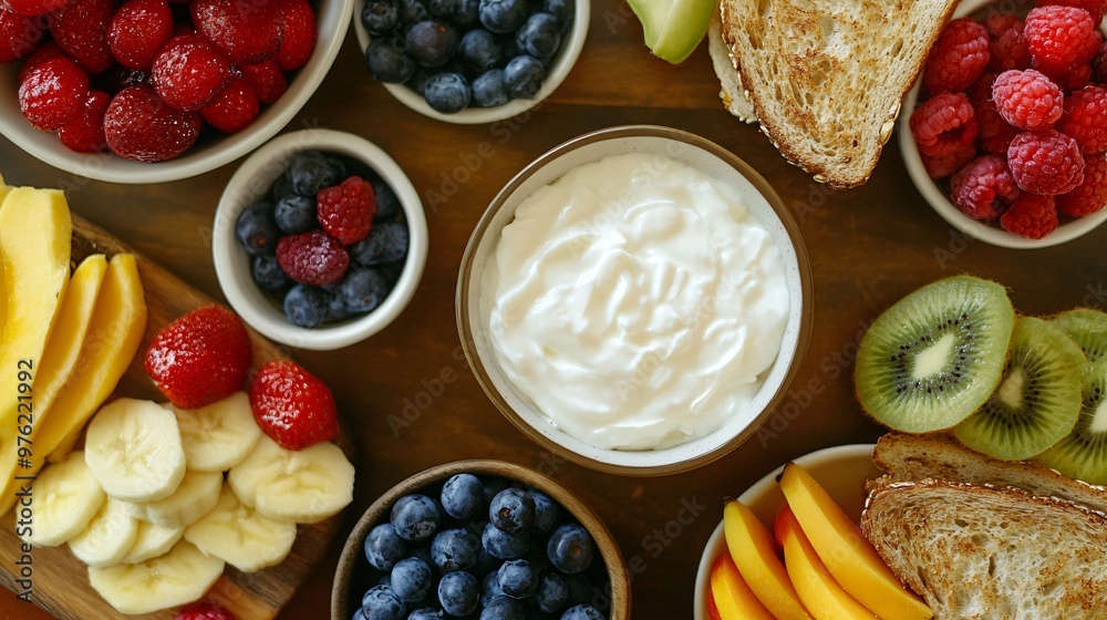 Top view of a table with fruit, yogurt, and toast. Top view of a table with fruit, yogurt, and toast.