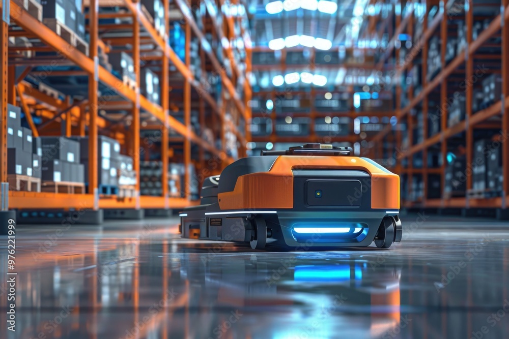 A robot navigates through a large storage facility A robot navigates through a large storage facility