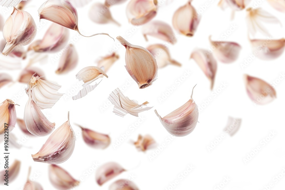 A bunch of garlic cloves suspended in mid-air, ideal for use in food photography or as a unique prop in editorial content A bunch of garlic cloves suspended in mid-air, ideal for use in food photography or as a unique prop in editorial content