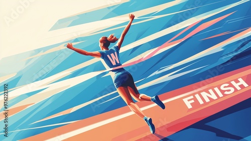 A vibrant illustration of a woman running joyfully to finish line ,concept success happy wellness