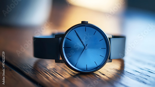 Wallpaper Mural close-up of a minimalist wristwatch resting on a wooden table, with its clean, numberless dial catching Torontodigital.ca