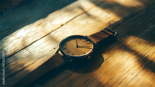 close-up of a minimalist wristwatch resting on a wooden table, with its clean, numberless dial catching photo