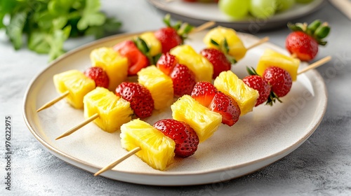 Fresh pineapple and strawberry skewers on a plate.