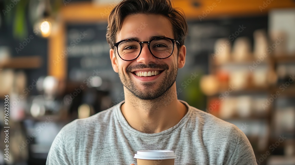 Obraz premium Smiling man in glasses holds a coffee cup in a cafe.