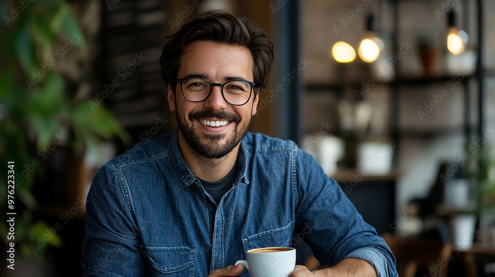 Smiling man in a coffee shop holding a cup of coffee. Smiling man in a coffee shop holding a cup of coffee.
