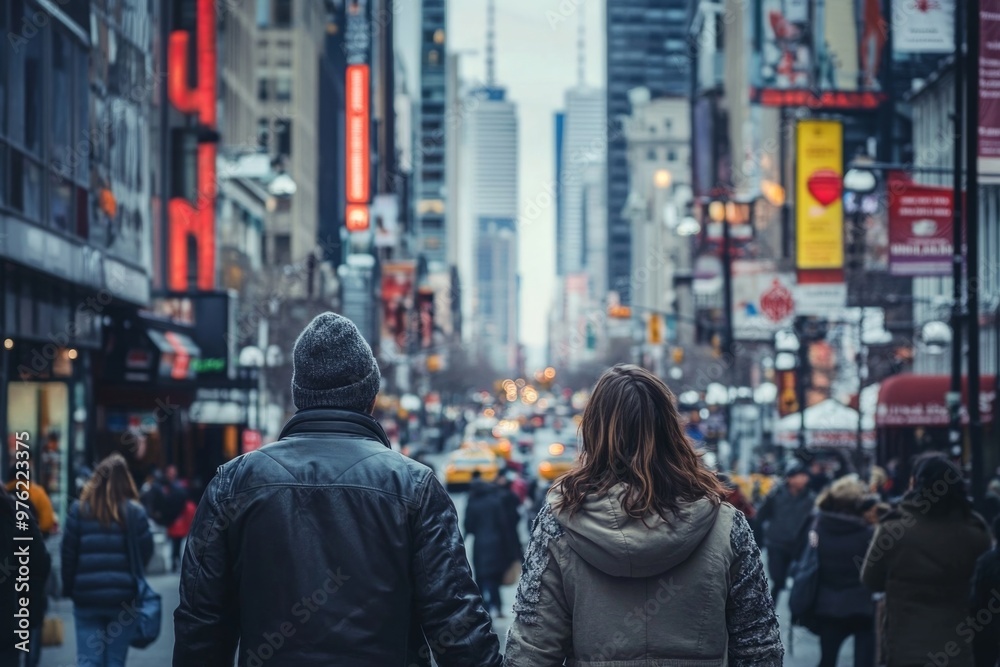 Couple strolling through vibrant urban street in winter season