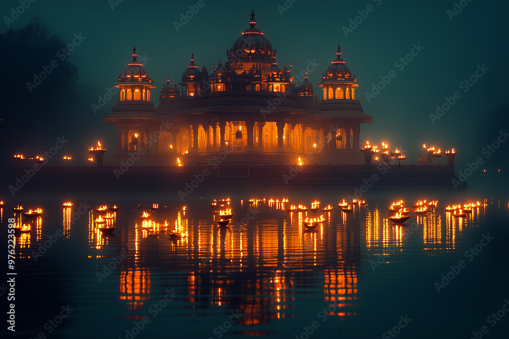 Fototapeta premium A silhouette of a temple adorned with glowing lanterns reflecting in the tranquil waters during Diwali festival 