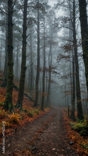 Trail through a mysterious, foggy autumn forest.