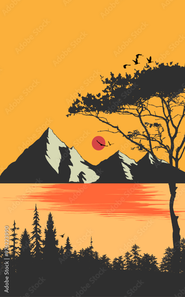 Fototapeta premium Sunset portrait landscape nature illustration river mountain jungle sunrise birds flying water book cover vector background wall artwork