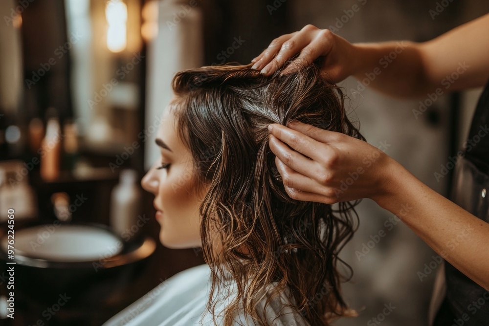 Relaxing salon hair treatment with gentle scalp massage in cozy atmosphere Relaxing salon hair treatment with gentle scalp massage in cozy atmosphere