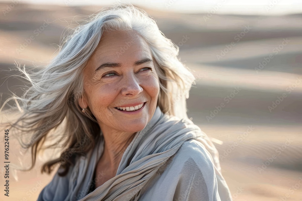 A woman with long silver hair radiates joy, enjoying a serene moment in the desert as her hair dances in the gentle breeze at sunset. A woman with long silver hair radiates joy, enjoying a serene moment in the desert as her hair dances in the gentle breeze at sunset.