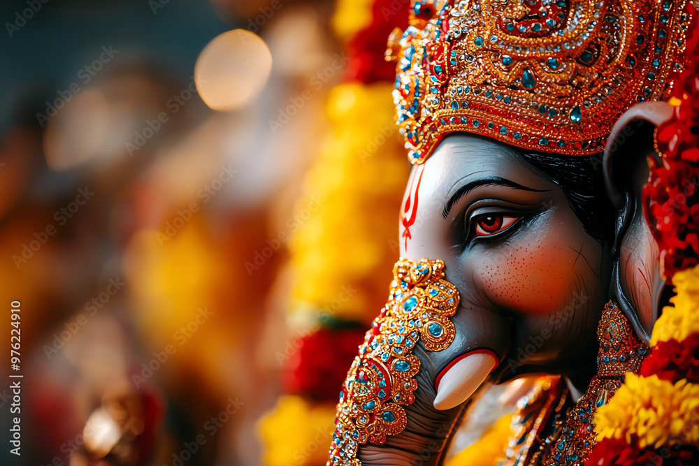 A close-up view of a decorated Ganesha idol, adorned with flowers and intricate details, showcasing spiritual beauty and cultural richness. A close-up view of a decorated Ganesha idol, adorned with flowers and intricate details, showcasing spiritual beauty and cultural richness.