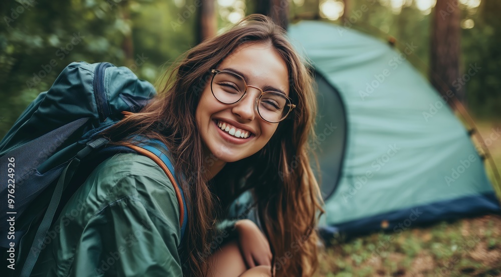 Happy Young Woman Smiling by Tent at Forest Campsite on Summer Day Happy Young Woman Smiling by Tent at Forest Campsite on Summer Day