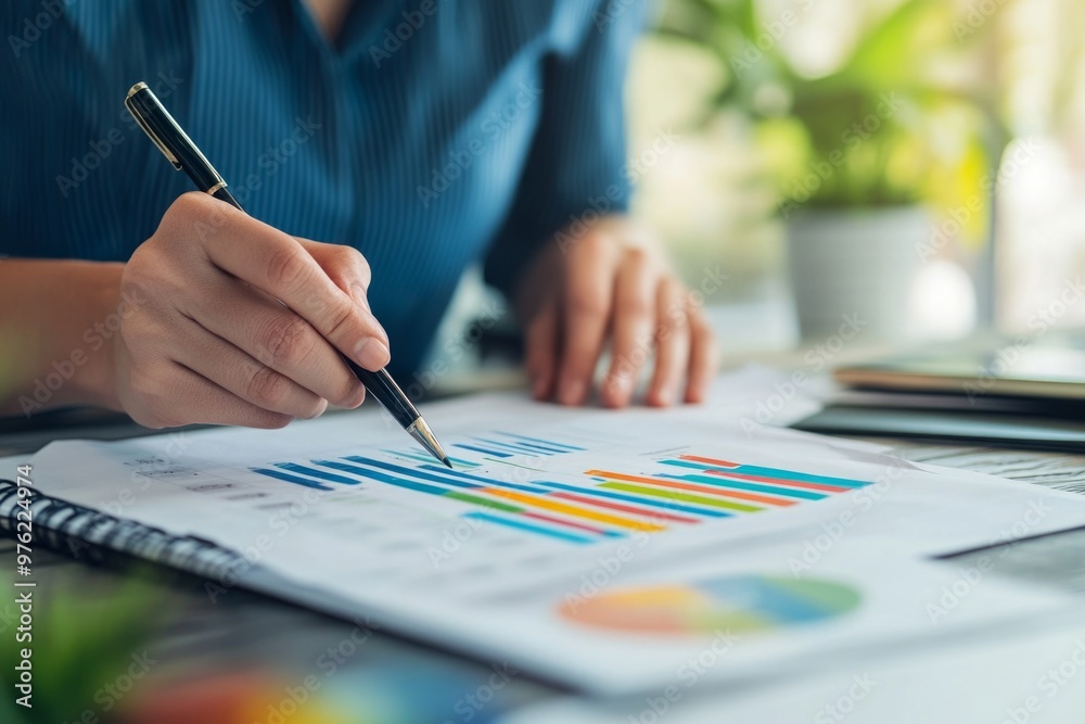 Analyzing financial data: close-up of hands with charts and graphs in office setting Analyzing financial data: close-up of hands with charts and graphs in office setting